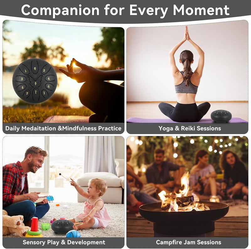 RANMING 6 Inch Steel Tongue Drum 11Note C Key Tongue Drum Kids & Adult Handpan with Gig Bag Music Book Mallets Finger Loops Mallets Stand Highlight Stickers for Meditation,Yoga & Camping Black - Image 3